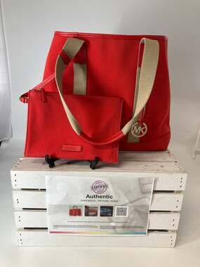 MICHAEL KORS, XL CORAL CANVAS TOTE AND ATTATCHABLE POUCH